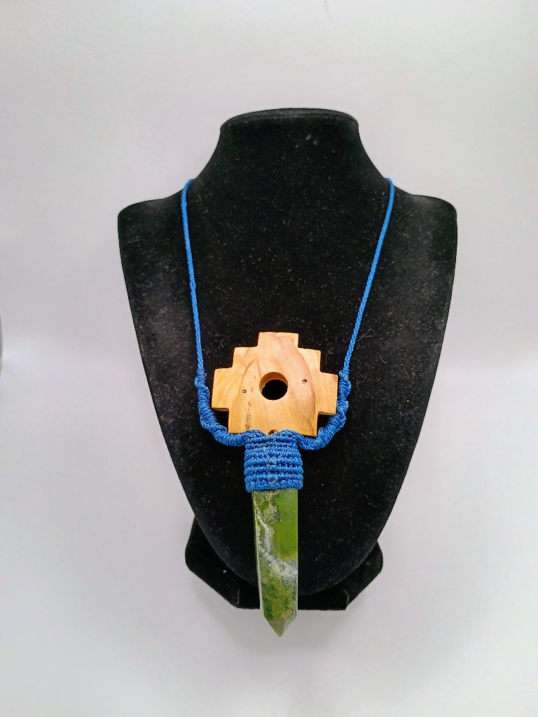 Chakana Inca Palo Santo Serpentine Natural Stone Macram Necklace